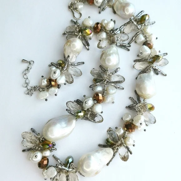 LUXURIOUS White Baroque Pearl Swarovski Crystal long short necklace - Picture 6 of 7
